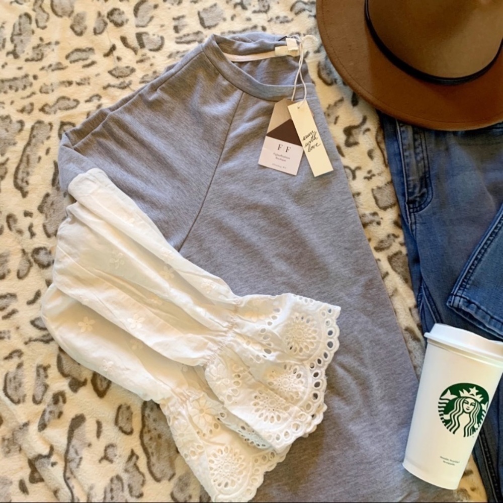 Gray Cozy Boho Sweatshirt with Lace Sleeves